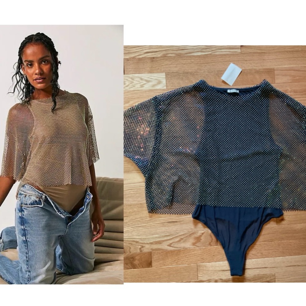 New - Free People Intimately - Filter Finish Bodysuit rhinestone mesh glitter